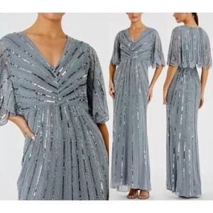 NWT Mac Duggal 93583 Wide Cape Sleeve Sequin Gown SZ 18 Slate Blue‎ $698